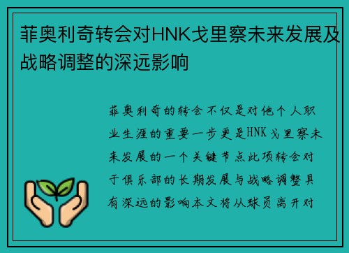 菲奥利奇转会对HNK戈里察未来发展及战略调整的深远影响