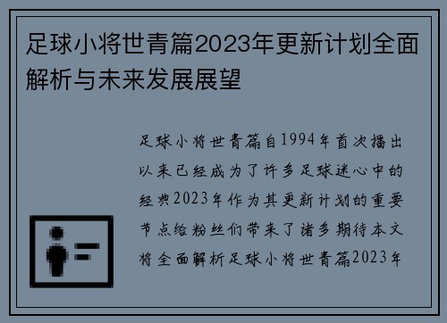 足球小将世青篇2023年更新计划全面解析与未来发展展望